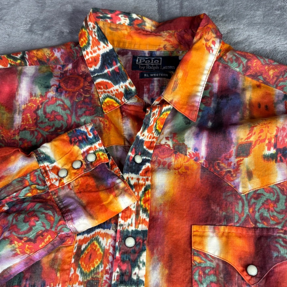 Polo Ralph Lauren Western Shirt Mens L Multicolor Ikat Paisley Pearl Snap Cotton